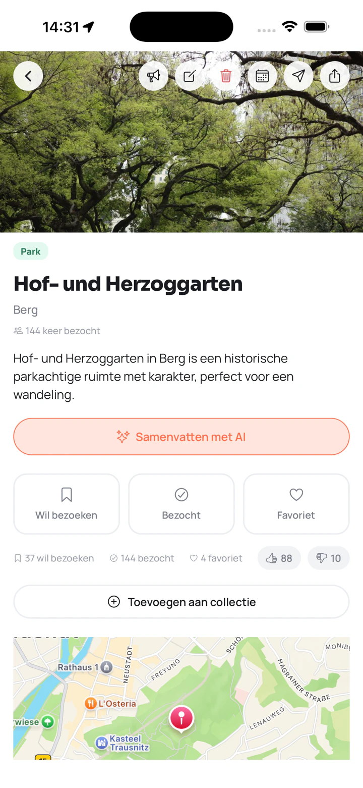 Detailpagina van een plek met omschrijving, kaart en bewaaropties